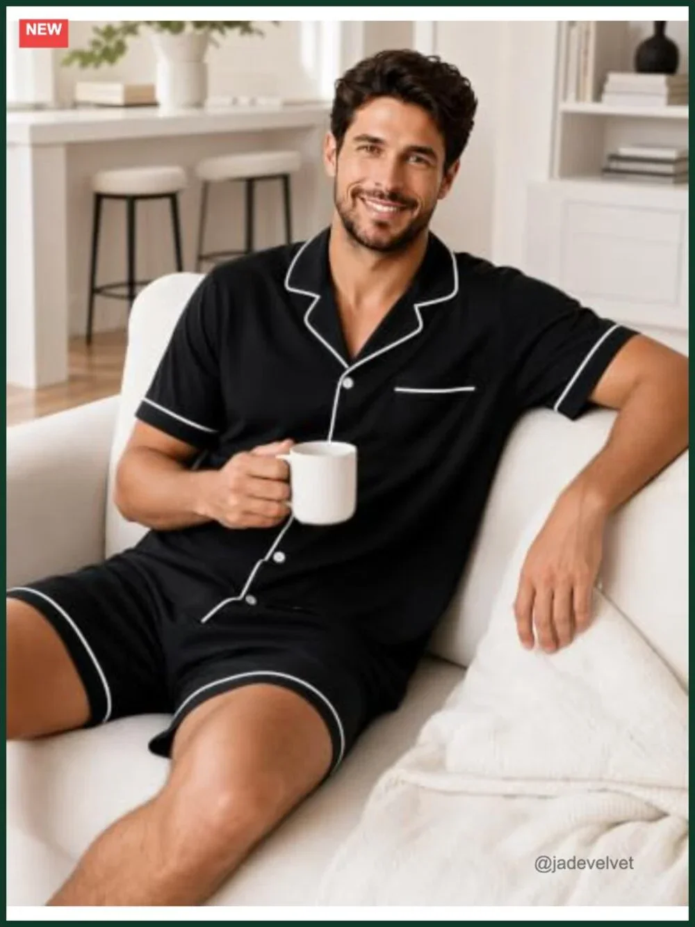 100% Cotton Men's Pajama Set Short Sleeve Button Down Loungewear 2 Piece with